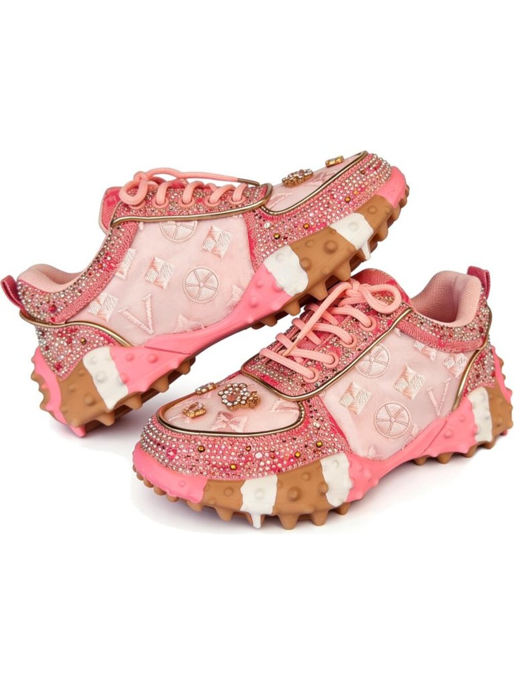 Women's Pink Fashion Bling Rhinestone Glitter Chunky Comfort Casual Sneakers
